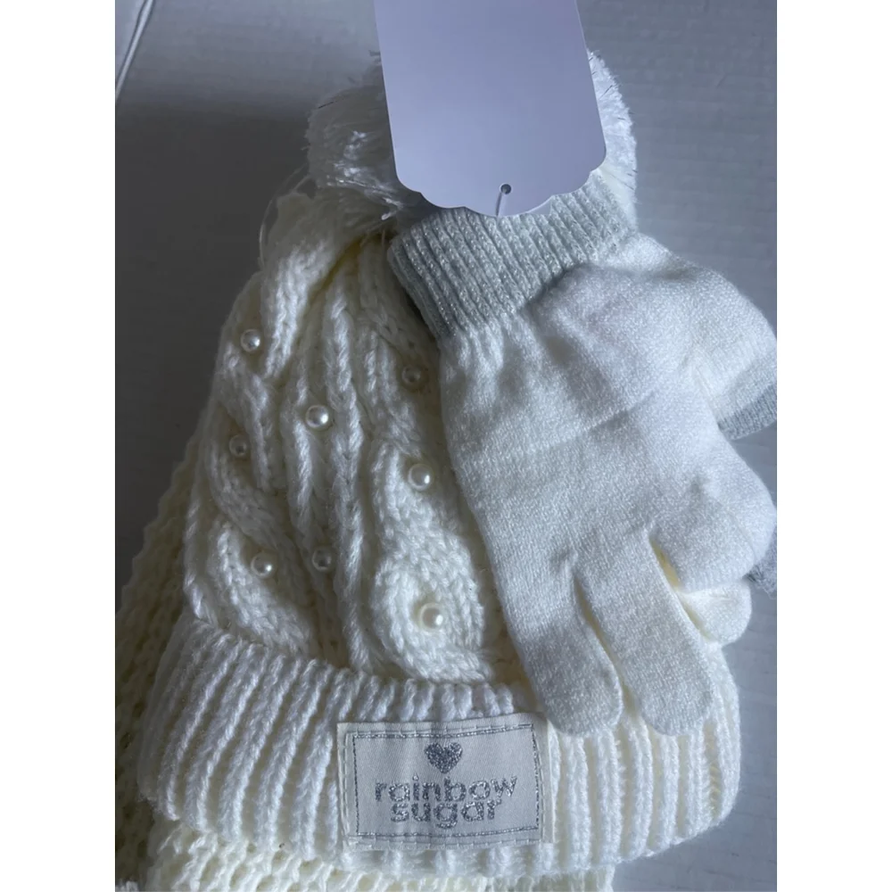 Girls’ Rainbow Sugar Gloves, Hat, and Scarf Set (One Size) - White